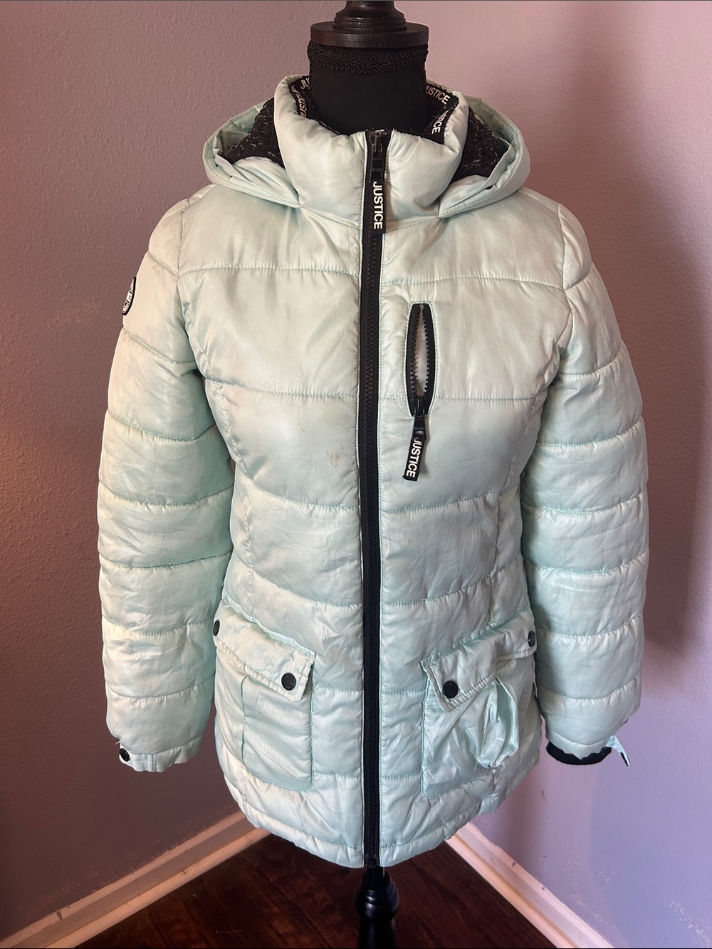 Justice Girls Mint Green Puffer Coat with Hood Size 12